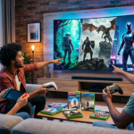 Black man playing on a playstation 5 with two other friends. One playing on a nintendo switch and the other on an xbox series x