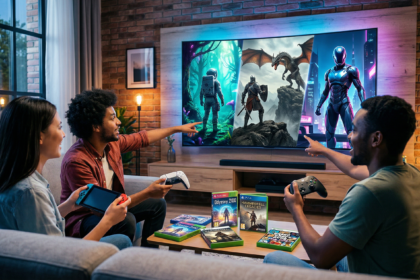 Black man playing on a playstation 5 with two other friends. One playing on a nintendo switch and the other on an xbox series x