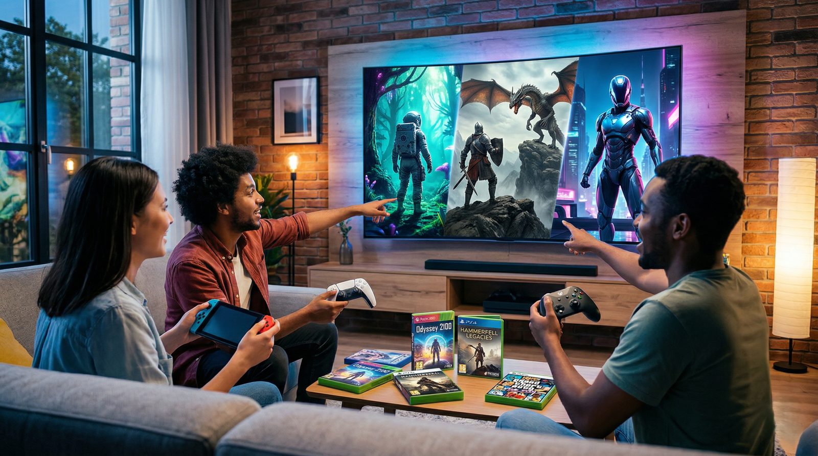 Black man playing on a playstation 5 with two other friends. One playing on a nintendo switch and the other on an xbox series x