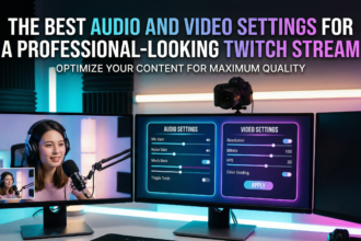 woman streaming on a computer monitor adjusting her audio and video settings