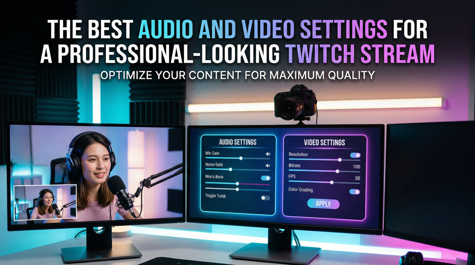 woman streaming on a computer monitor adjusting her audio and video settings