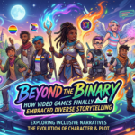 a picture of inclusivity in gaming. A black girl as the main character. A non binary individual, hispanic, gay, lesbian inclusivity
