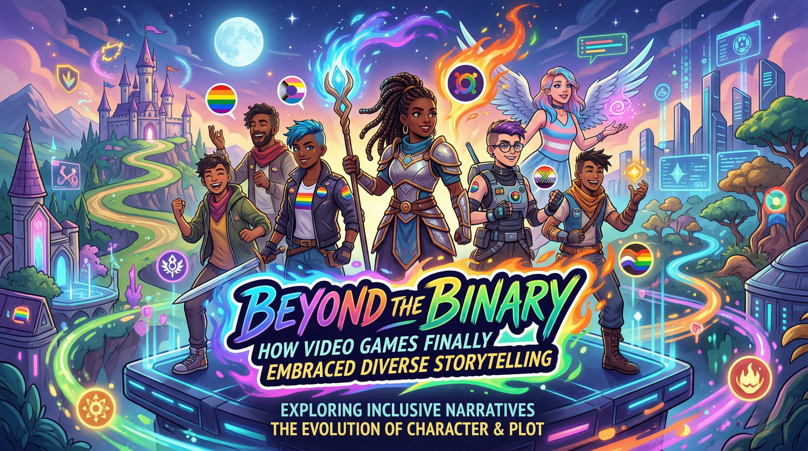 a picture of inclusivity in gaming. A black girl as the main character. A non binary individual, hispanic, gay, lesbian inclusivity