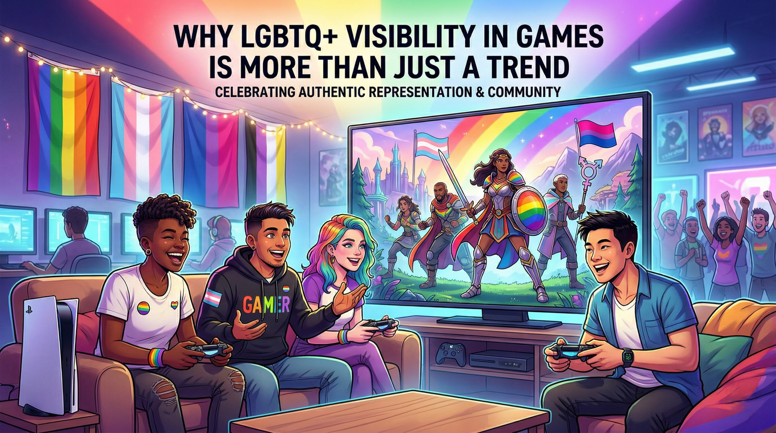 a group of diverse friends that belong to the lgbt community playing video games