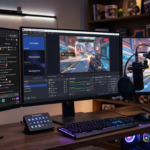 three monitor gaming setup with obs software being used to stream