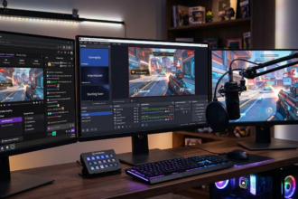 three monitor gaming setup with obs software being used to stream