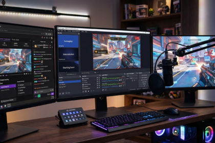 three monitor gaming setup with obs software being used to stream