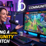Streamer girl sitting in front of a streaming setup talking on the microphone to her twitch community