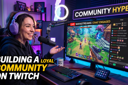 Streamer girl sitting in front of a streaming setup talking on the microphone to her twitch community