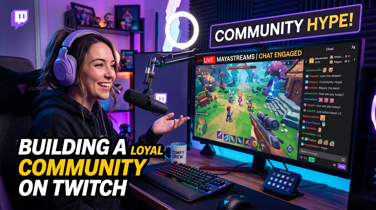 Streamer girl sitting in front of a streaming setup talking on the microphone to her twitch community